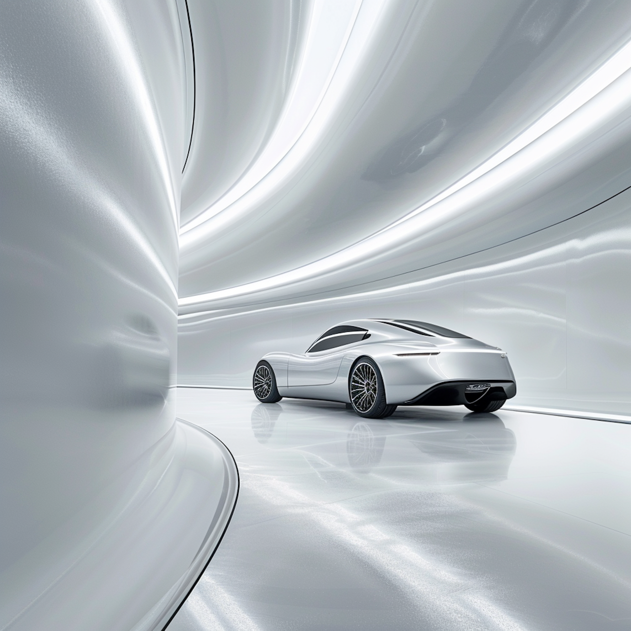 Silver concept car in a bright architectural space